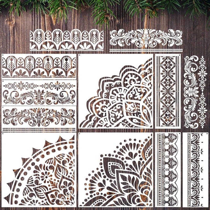 Sitsink Mandala Stencils for Crafts Reusable - 9 Pcs Border Stencils for Wall Decor Large Mandala Pattern Template Home Decor Furniture Rug Table Painting - Image 1